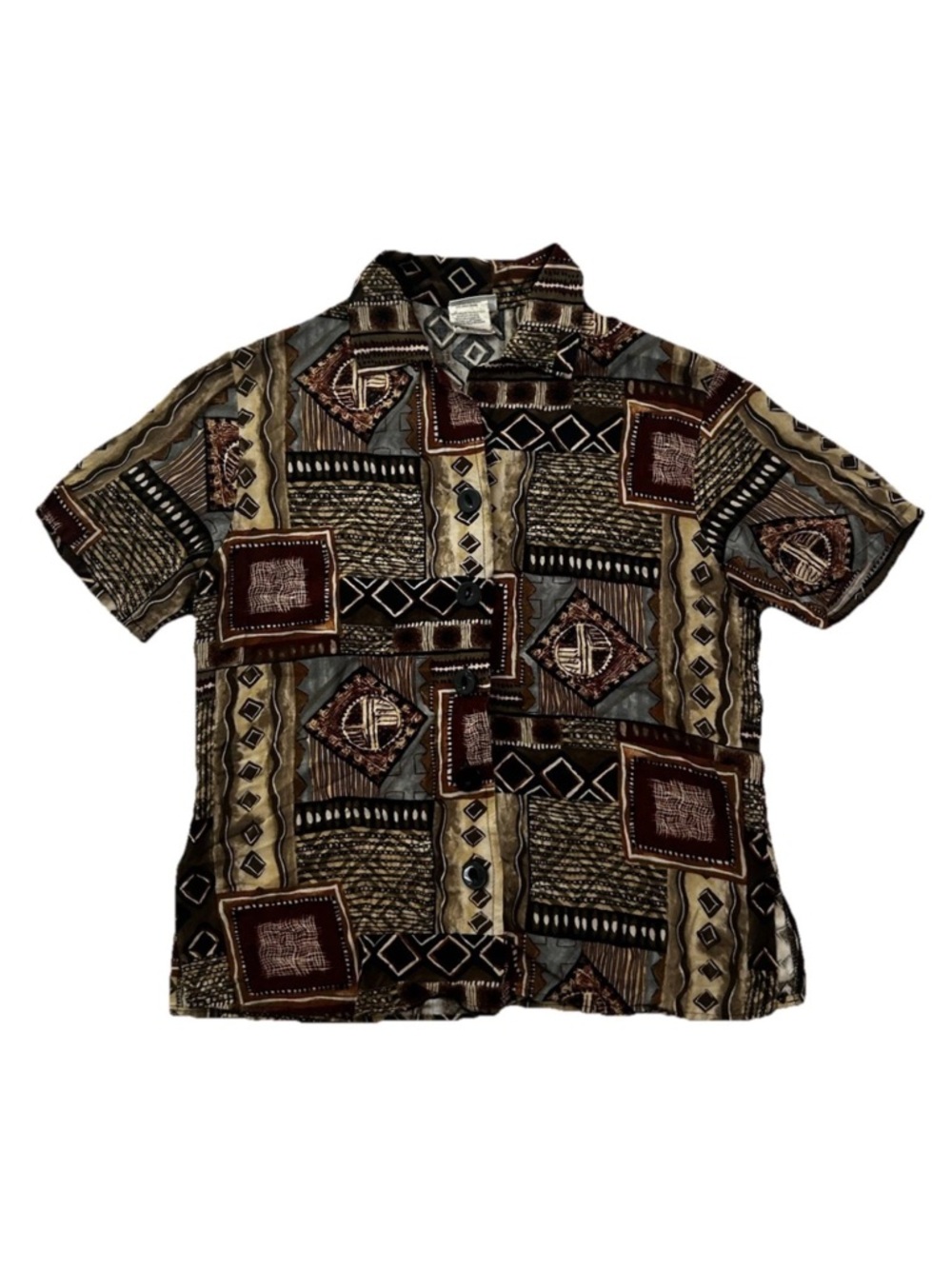 Basic Editions Brown & Black Geometric Short Sleeve Button-Down Shirt
